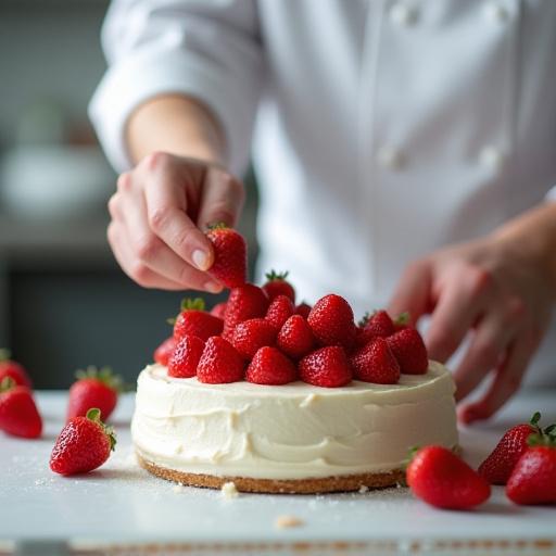 シェフが丁寧にイチゴを飾っている様子